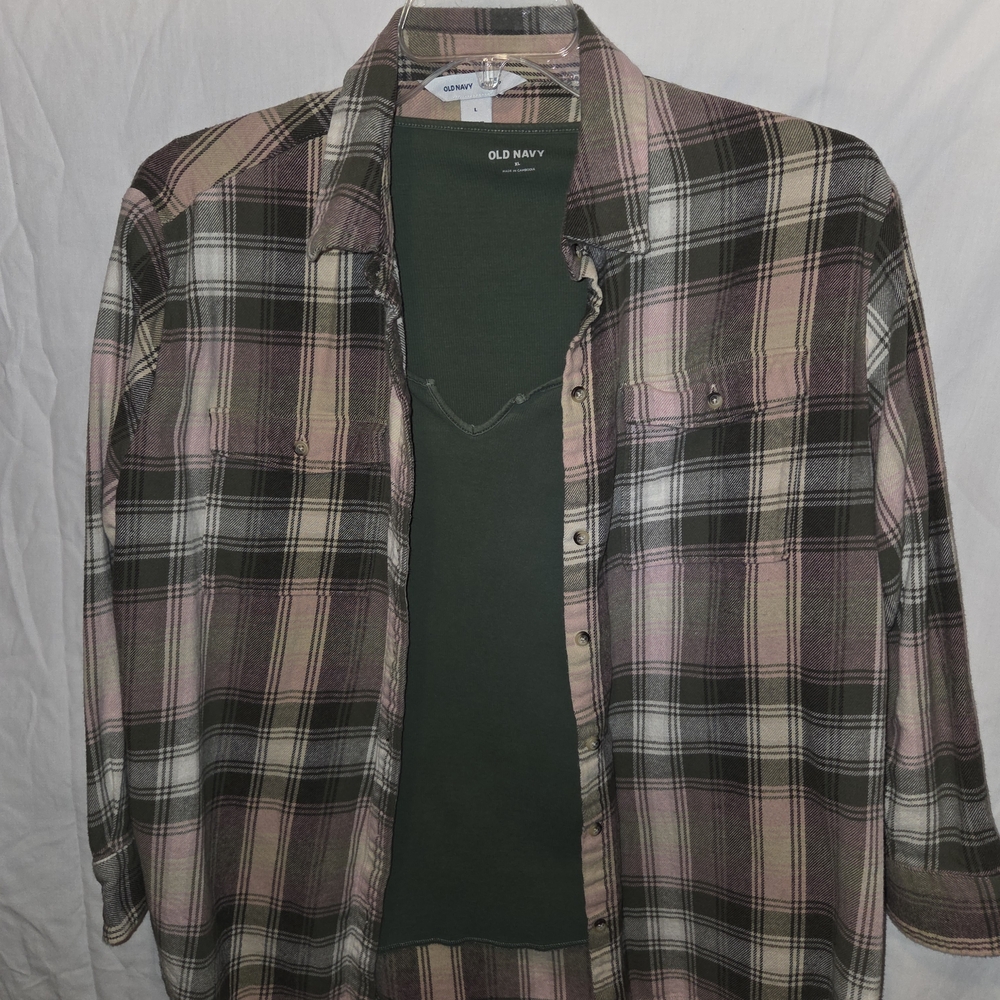 Old Navy Men's Plaid Shirt - Pink and Green